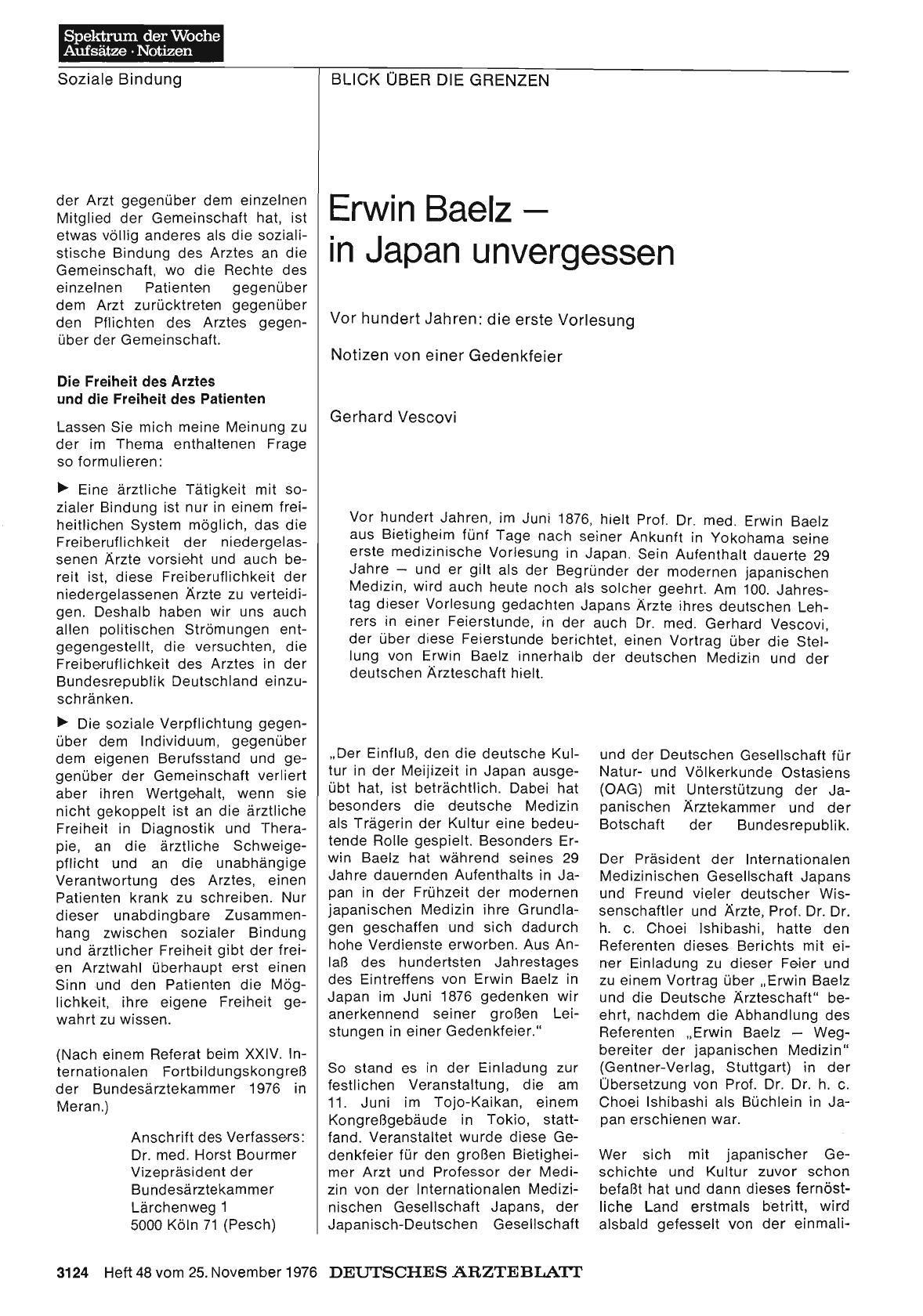 Vorschauseite 1: Erwin Baelz in Japan unvergessen: Vor hundert Jahren: die erste Vorlesung - Notizen von einer Gedenkfeier