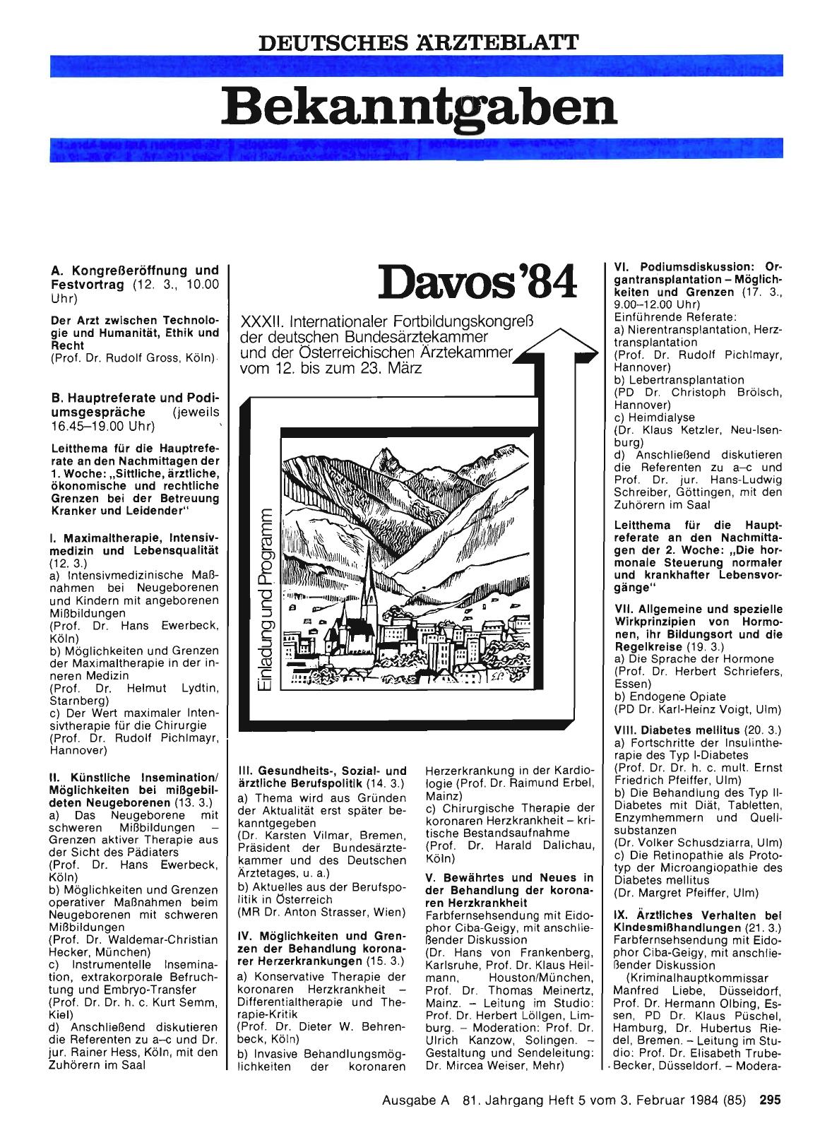 Vorschauseite 1: Davos'84: XXXII. Internationaler Fortbildungskongreß der deutschen Bundesärztekammer und der Österreichischen Ärztekammer vom 12. bis zum 23. März