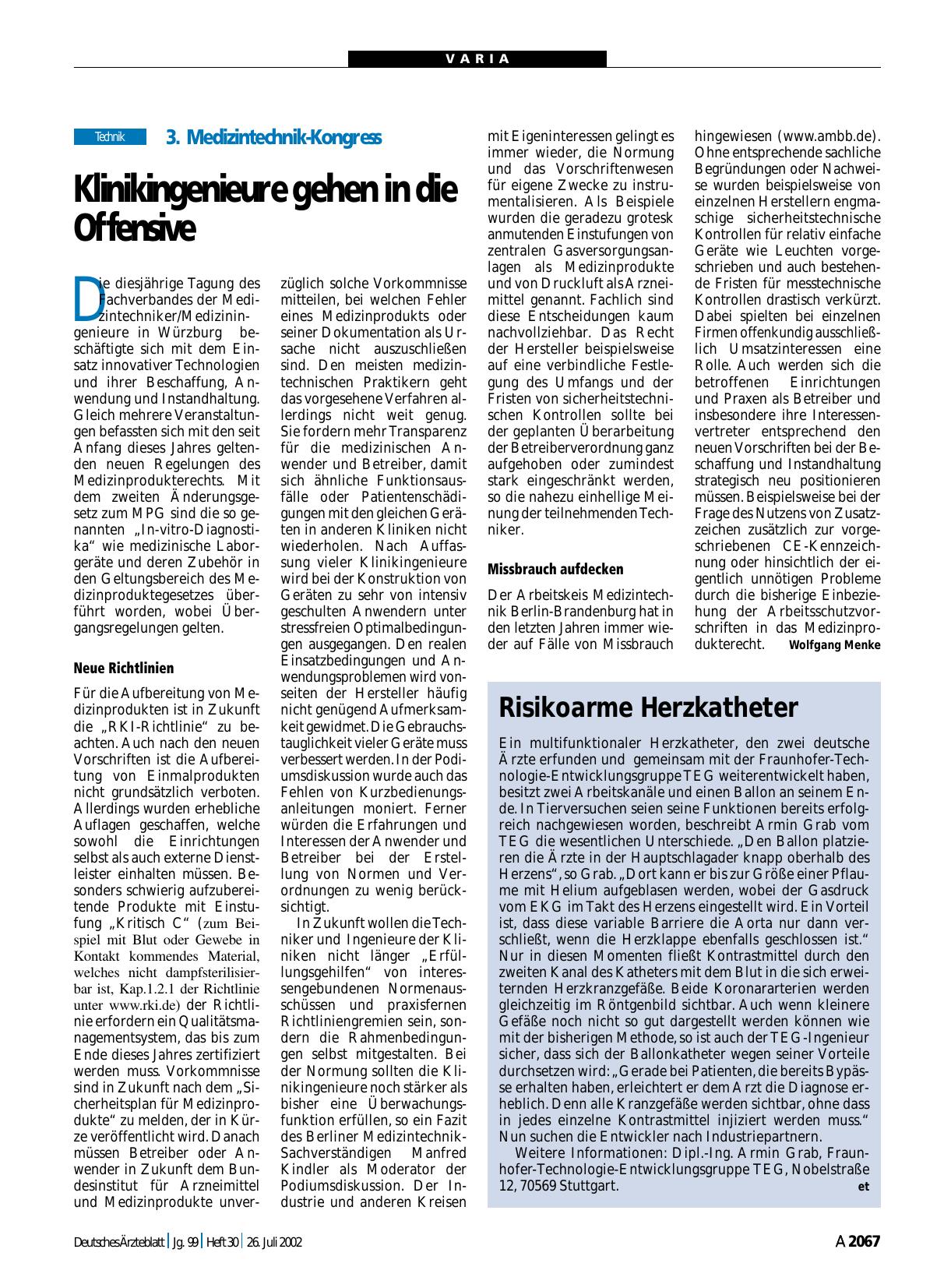 Vorschauseite 1: 3. Medizintechnik-Kongress: Klinikingenieure gehen in die Offensive