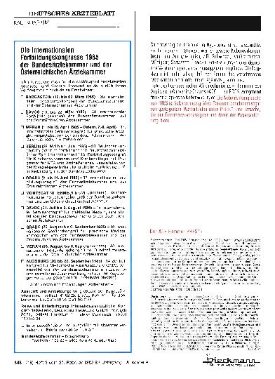 Vorschauseite 1: Die Internationalen Fortbildungskongresse 1985 der Bundesärztekammer und der Österreichischen Ärztekammer