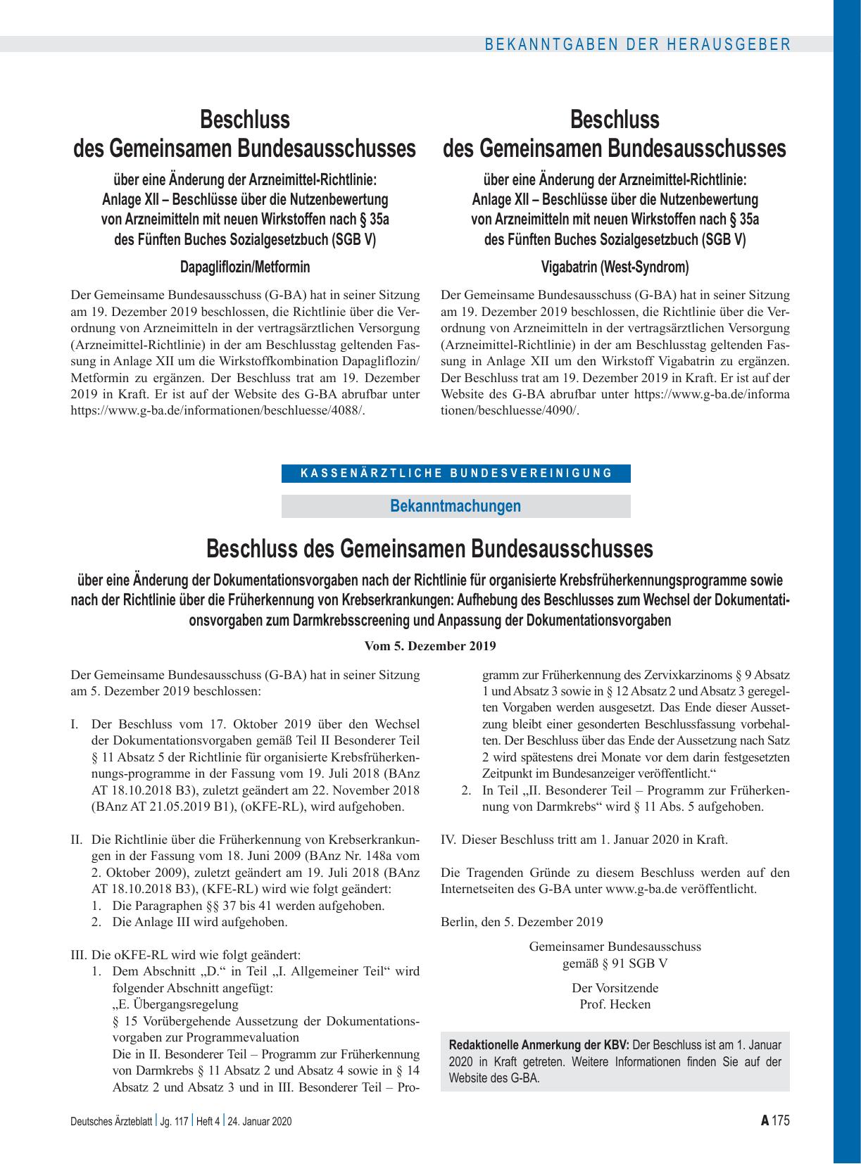 Vorschauseite 1: Beschluss des Gemeinsamen Bundesausschusses über eine Änderung der Dokumentationsvorgaben nach der Richtlinie für organisierte Krebsfrüherkennungsprogramme sowie nach der Richtlin…