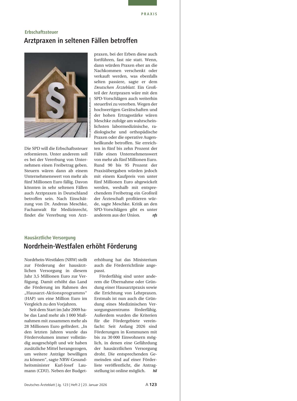 Vorschauseite 1: Hausärztliche Versorgung: Nordrhein-Westfalen erhöht Förderung