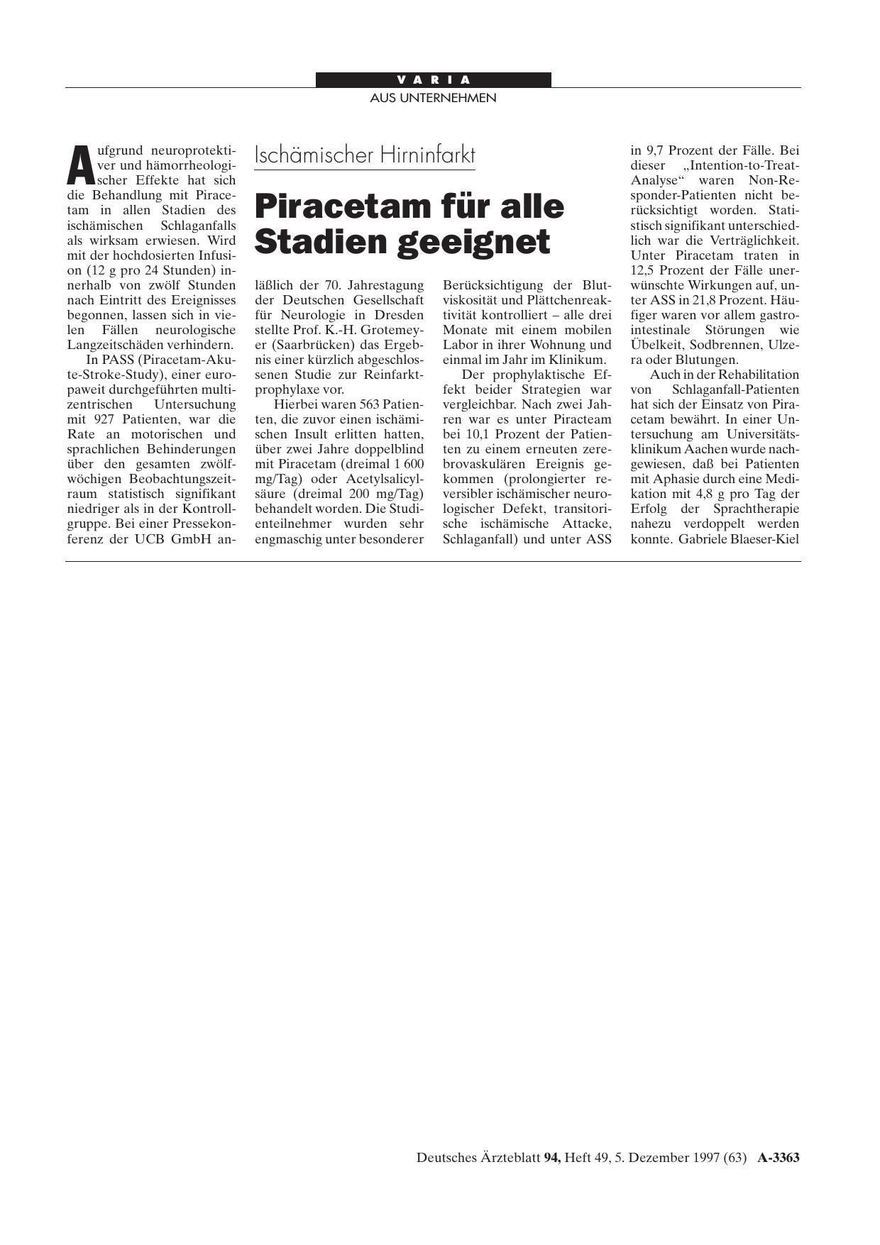 Vorschauseite 1: Ischämischer Hirninfarkt: Piracetam für alle Stadien geeignet