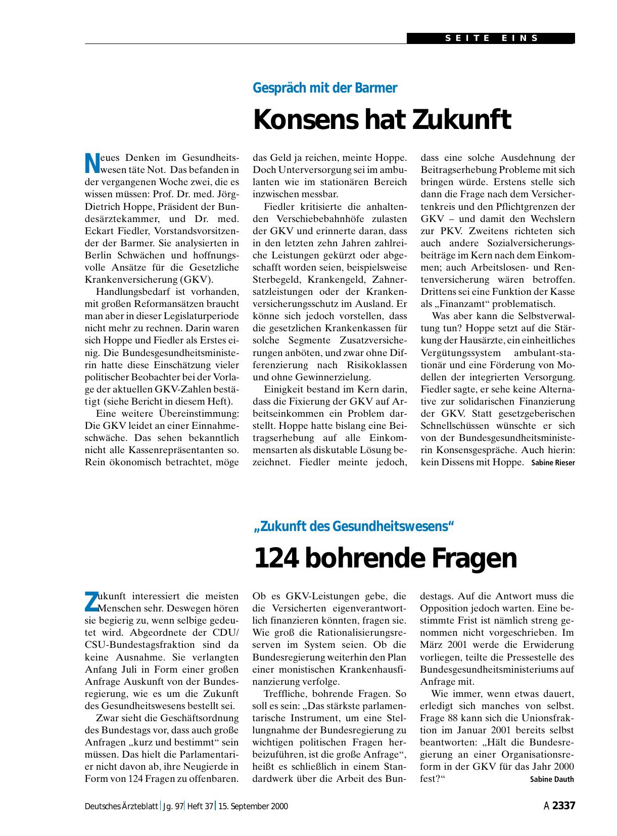Vorschauseite 1: „Zukunft des Gesundheitswesens“: 124 bohrende Fragen