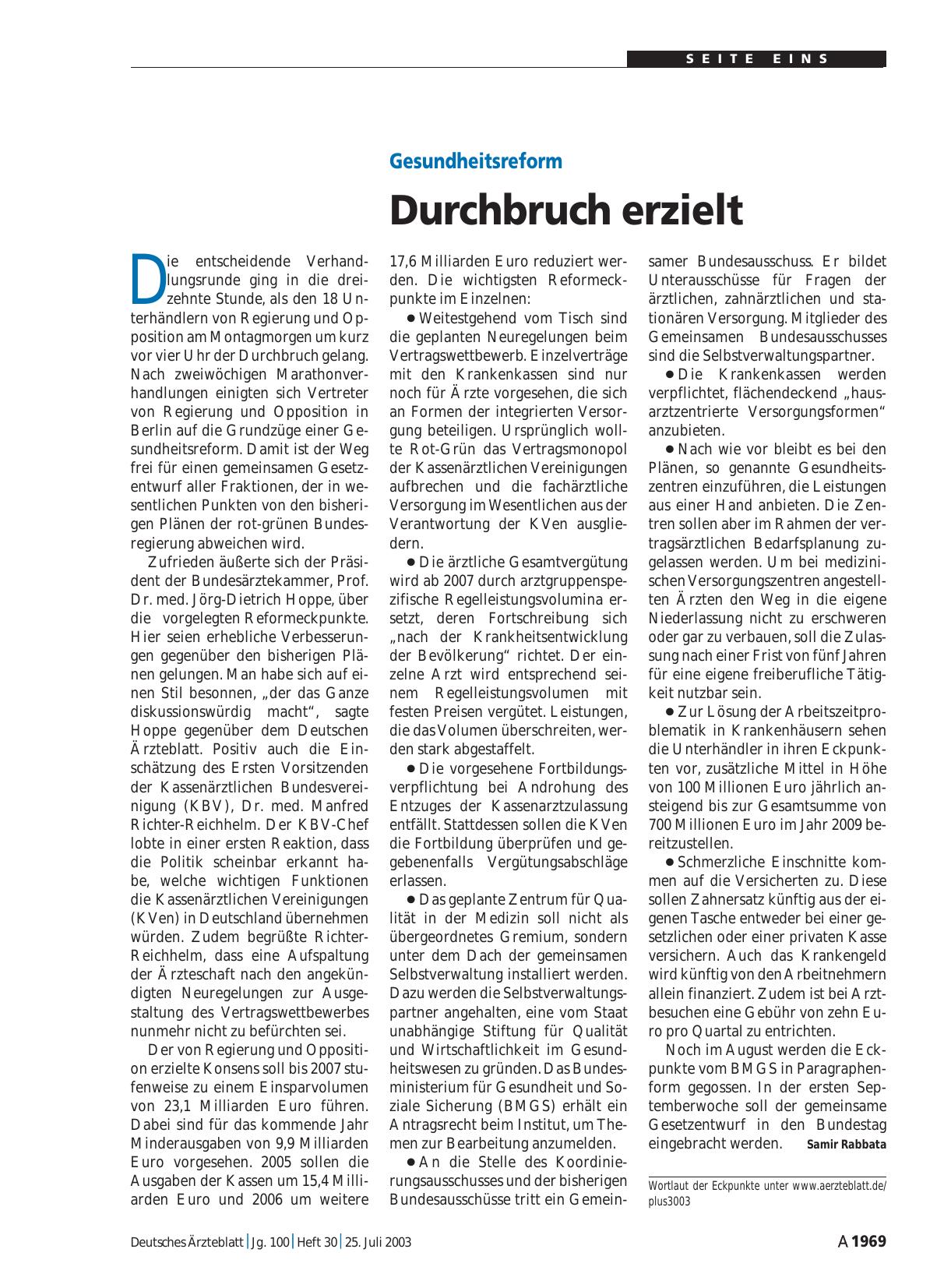 Vorschauseite 1: Gesundheitsreform: Durchbruch erzielt