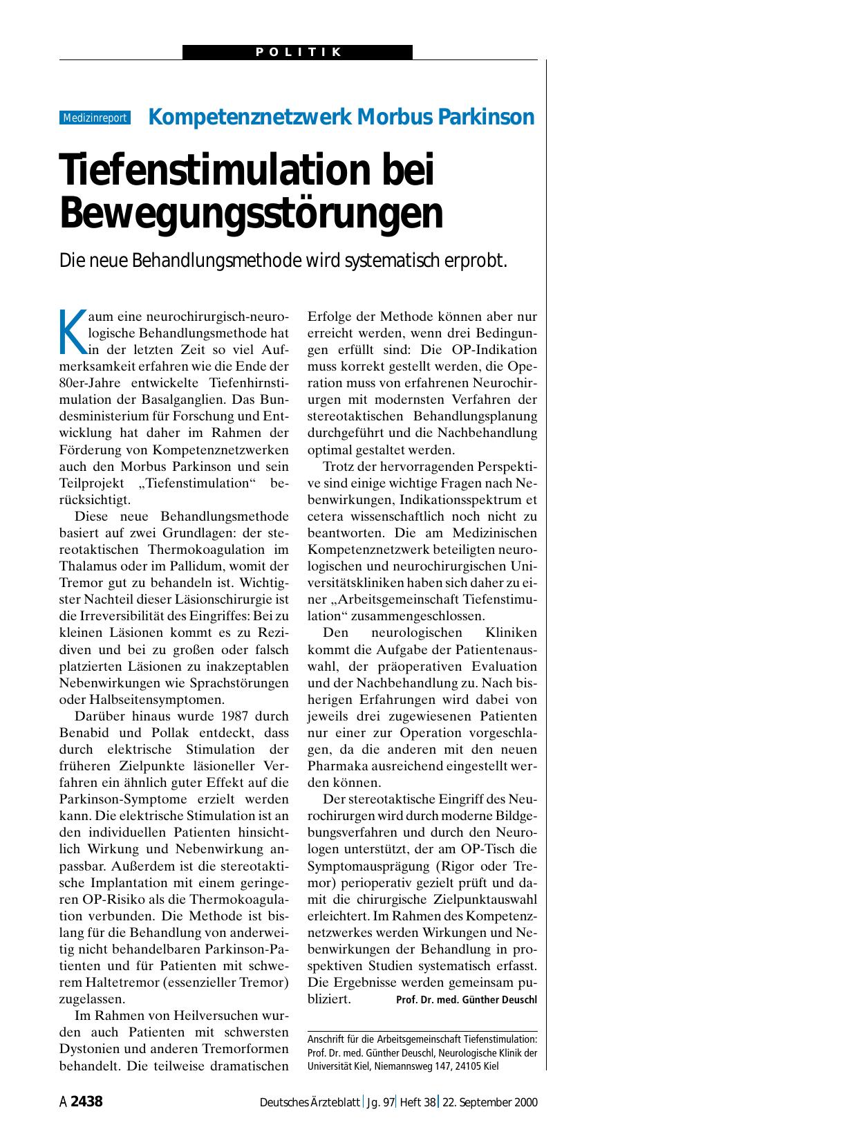 Vorschauseite 1: Kompetenznetzwerk Morbus Parkinson: Tiefenstimulation bei Bewegungsstörungen
