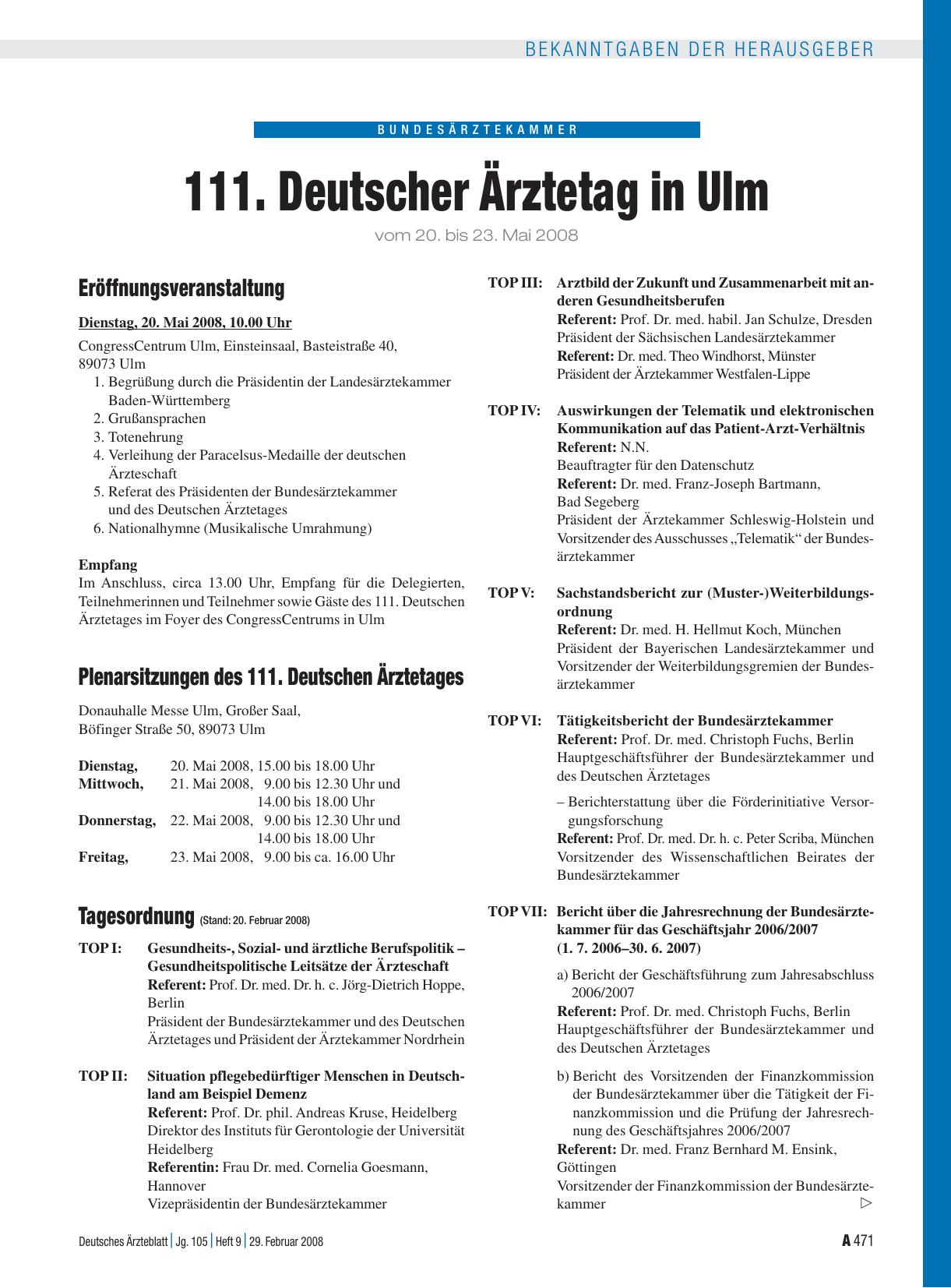 Vorschauseite 1: 111. Deutscher Ärztetag in Ulm vom 20. bis 23. Mai 2008