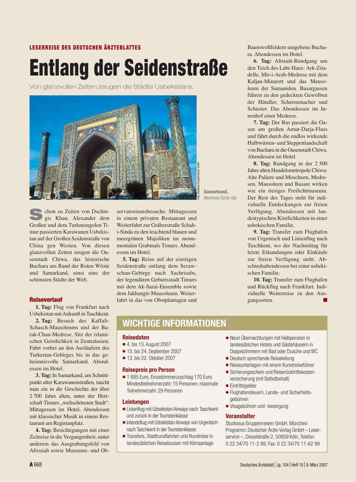 Vorschauseite 1: Leserreise des Deutschen Ärzteblattes: Entlang der Seidenstraße