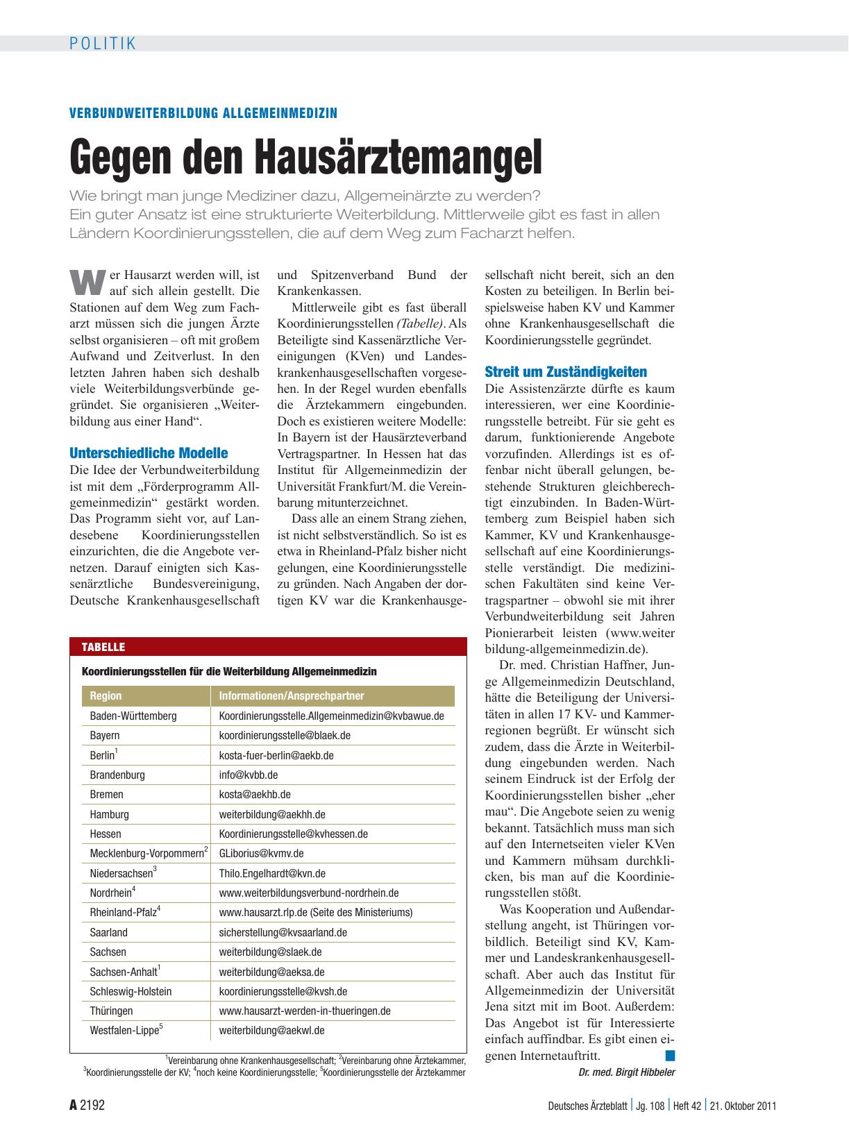 Vorschauseite 1: Verbundweiterbildung Allgemeinmedizin: Gegen den Hausärztemangel
