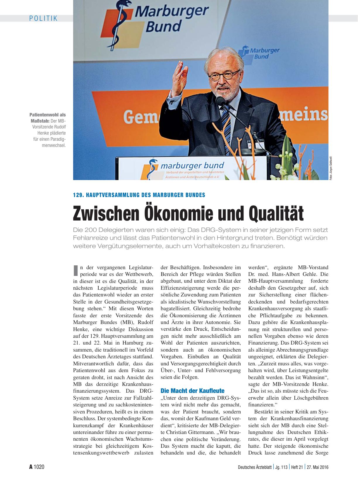 Vorschauseite 1: 129. Hauptversammlung des Marburger Bundes: Zwischen Ökonomie und Qualität