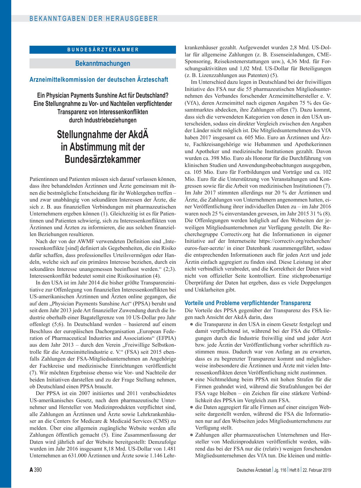 Vorschauseite 1: Arzneimittelkommission der deutschen Ärzteschaft: Ein Physician Payments Sunshine Act für Deutschland? Eine Stellungnahme zu Vorund Nachteilen verpflichtender Transparenz von Inte…