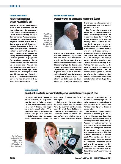 Vorschauseite 1: Kosten-Nutzen-Denken: Papst warnt katholische Krankenhäuser