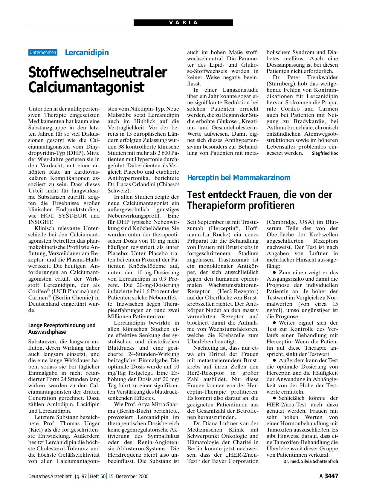 Vorschauseite 1: Lercanidipin: Stoffwechselneutraler Calciumantagonist