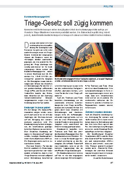 Vorschauseite 1: Bundesverfassungsgericht: Triage-Gesetz soll zügig kommen