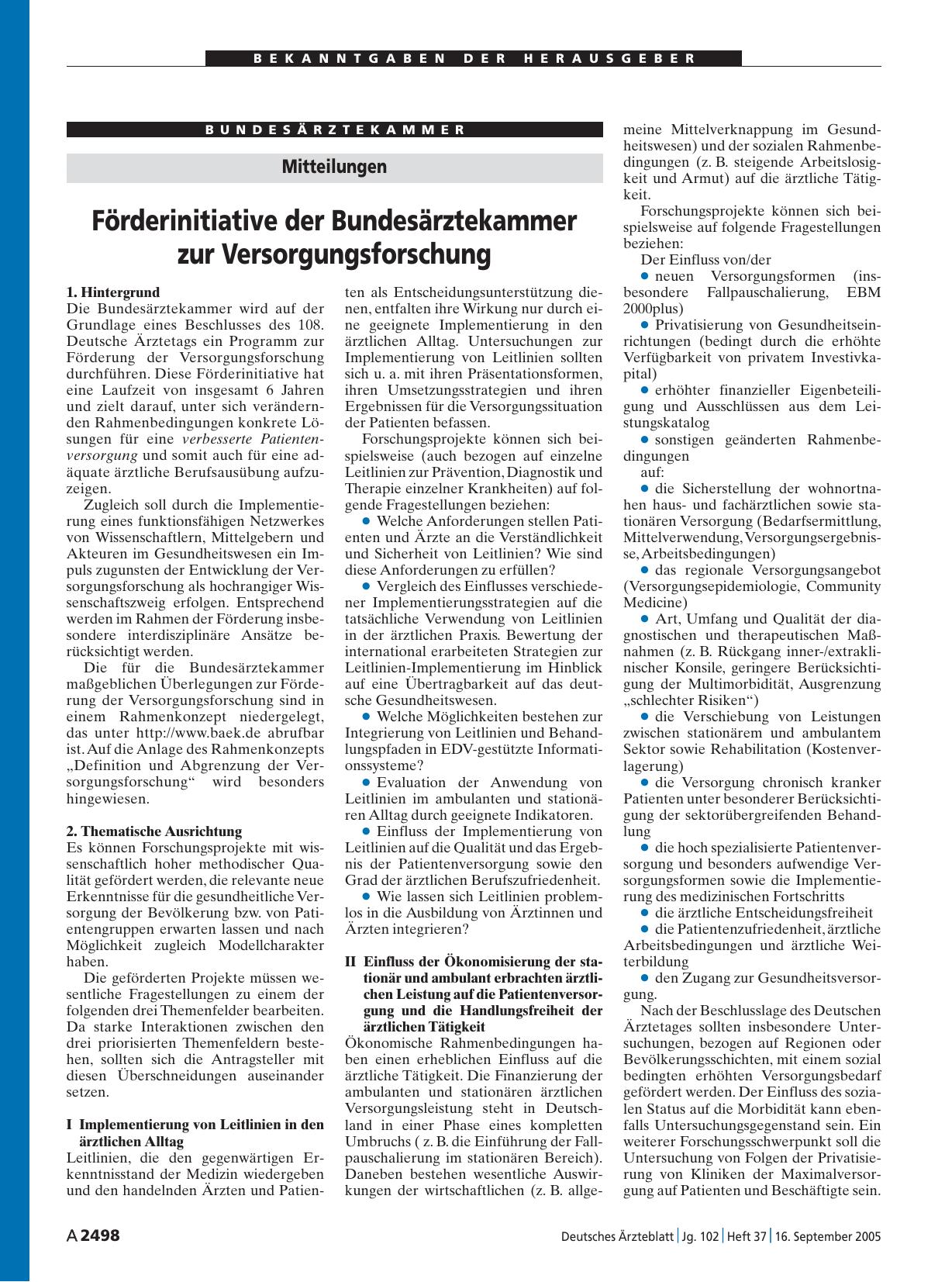 Vorschauseite 1: Mitteilungen: Förderinitiative der Bundesärztekammer zur Versorgungsforschung