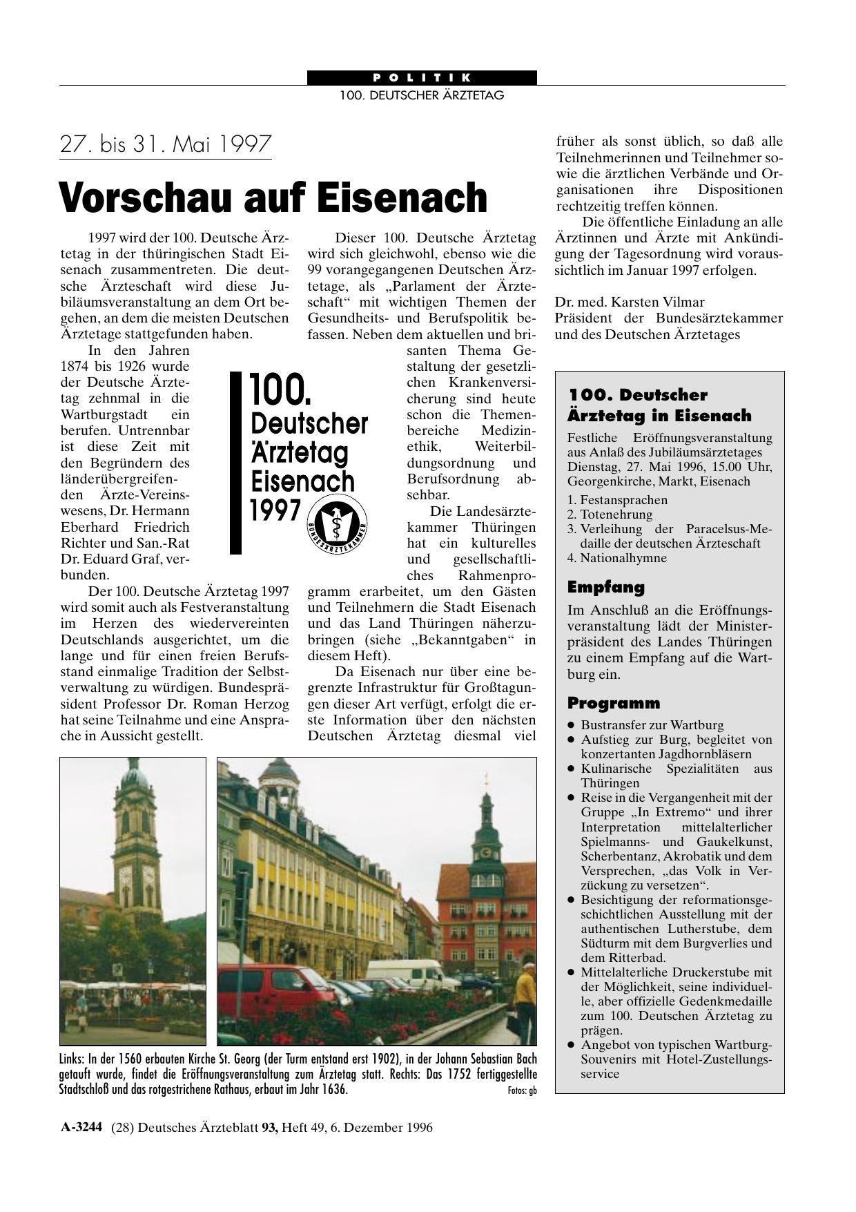 Vorschauseite 1: 100. Deutscher Ärztetag in Eisenach
