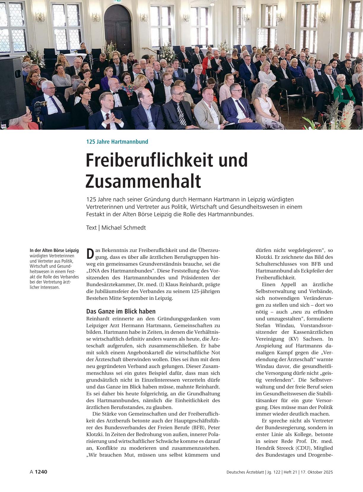 Vorschauseite 1: 125 Jahre Hartmannbund: Freiberuflichkeit und Zusammenhalt