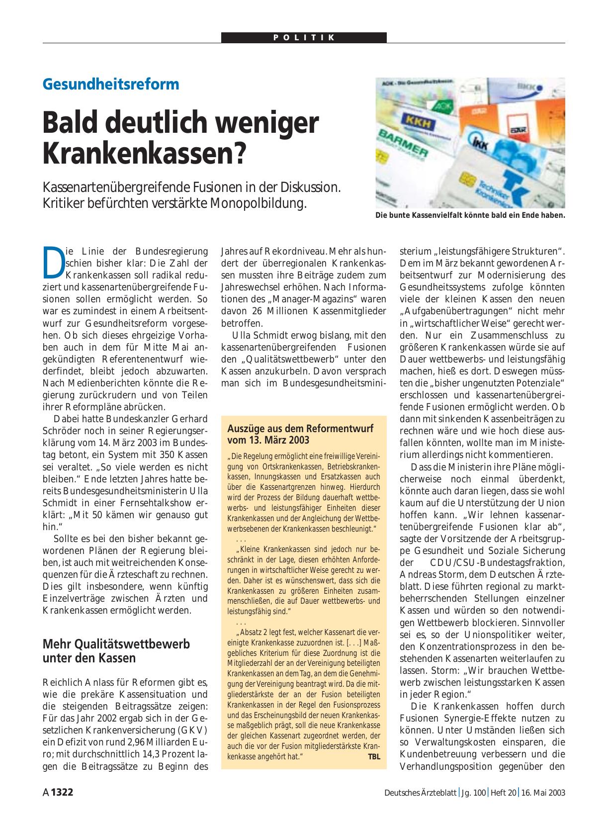 Vorschauseite 1: Gesundheitsreform: Bald deutlich weniger Krankenkassen?