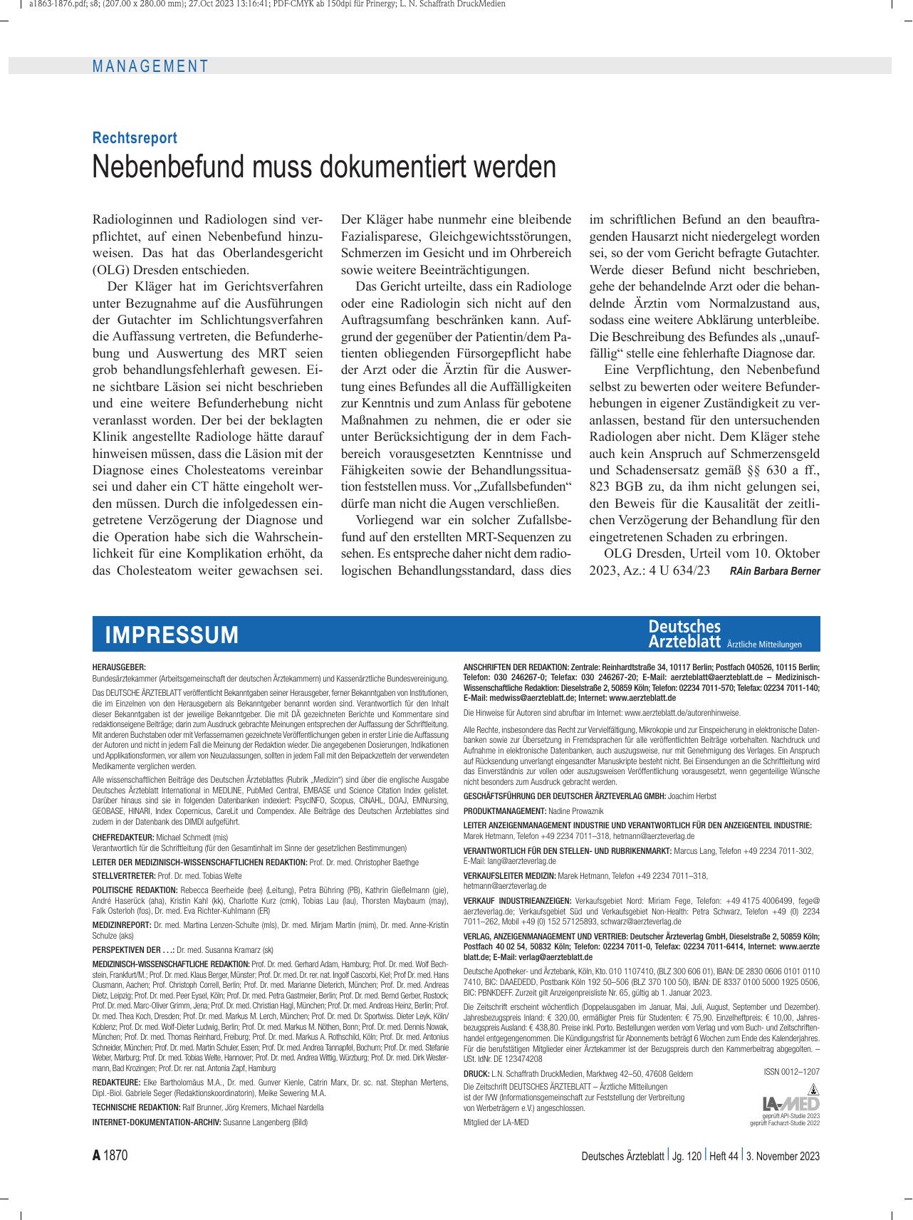 Vorschauseite 1: Rechtsreport: Nebenbefund muss dokumentiert werden.