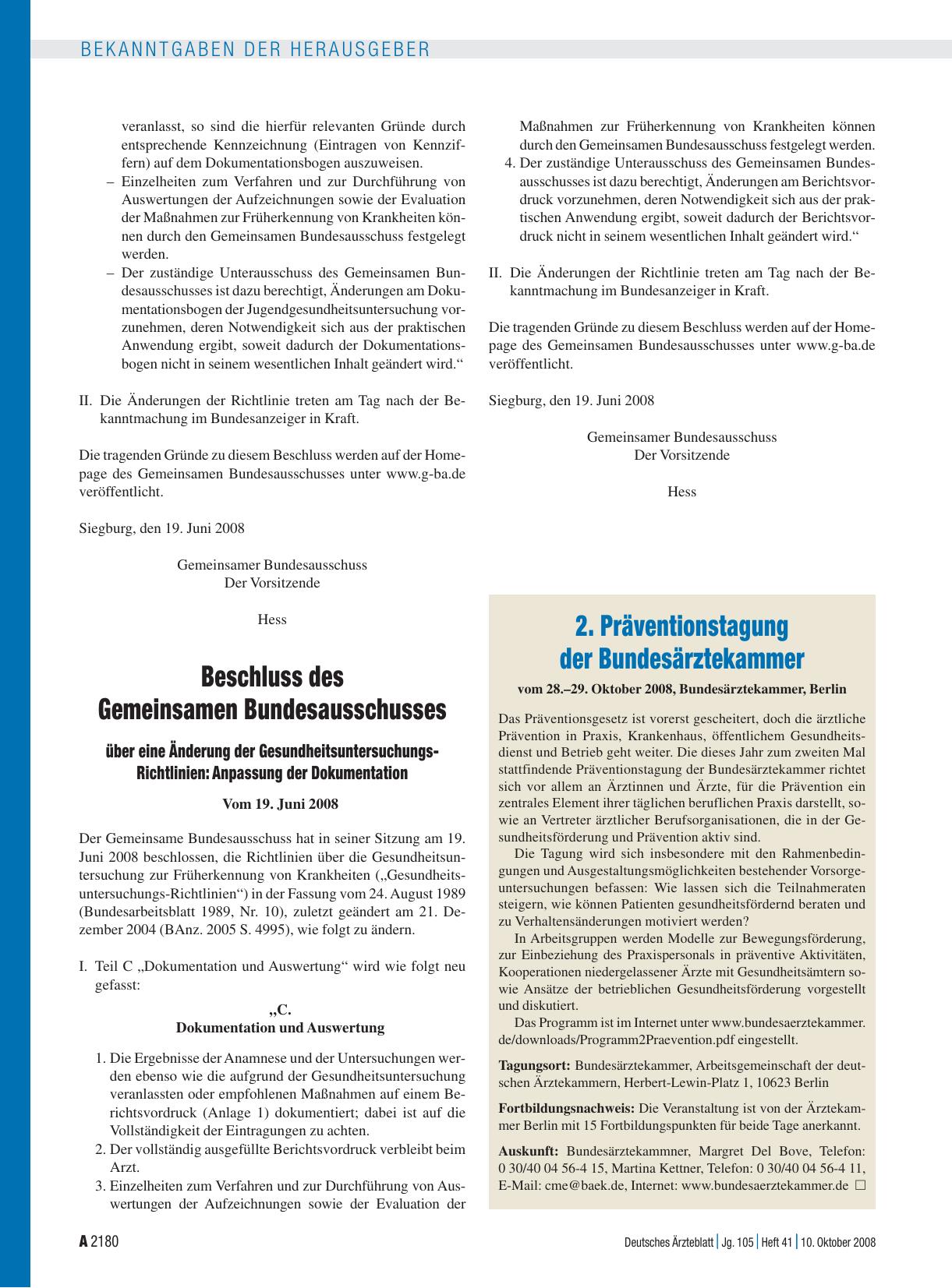 Vorschauseite 1: 2. Präventionstagung der Bundesärztekammer vom 28. – 29. Oktober 2008, Bundesärztekammer, Berlin