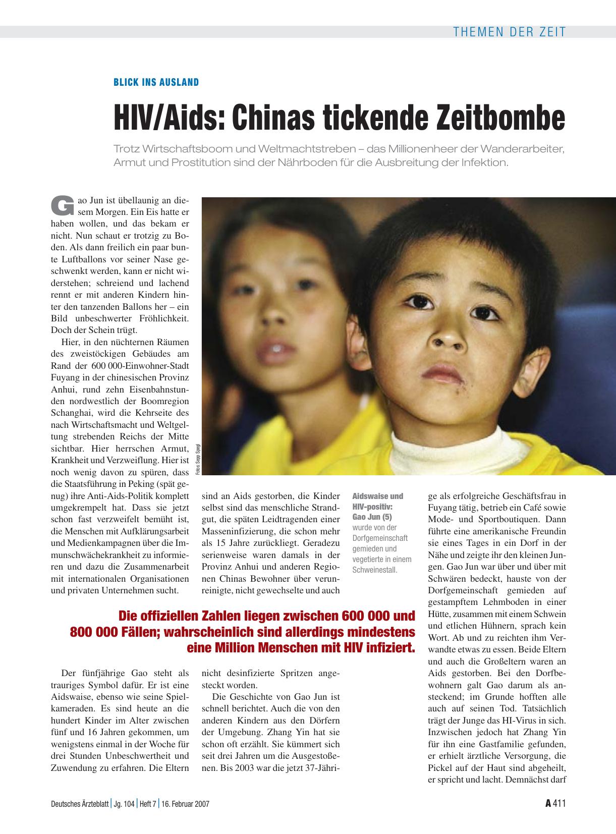 Vorschauseite 1: Blick ins Ausland – HIV/Aids: Chinas tickende Zeitbombe