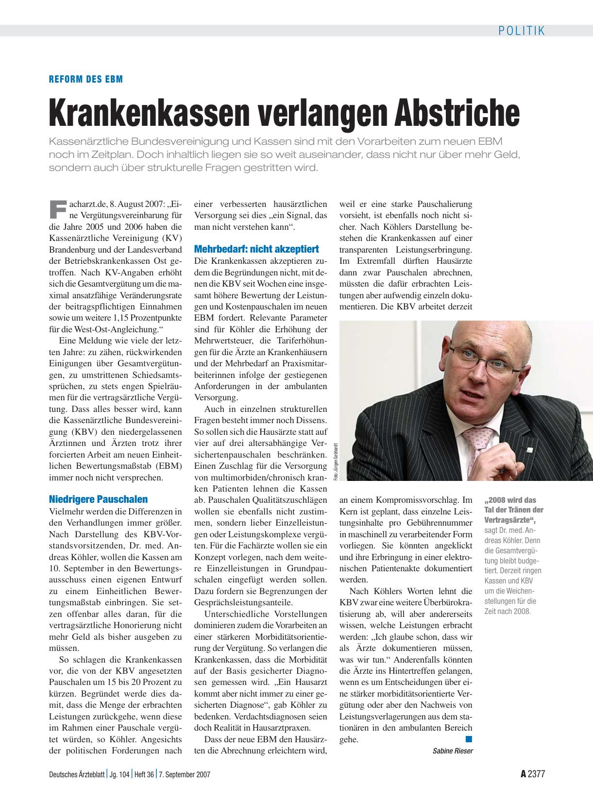 Vorschauseite 1: Reform des EBM: Krankenkassen verlangen Abstriche