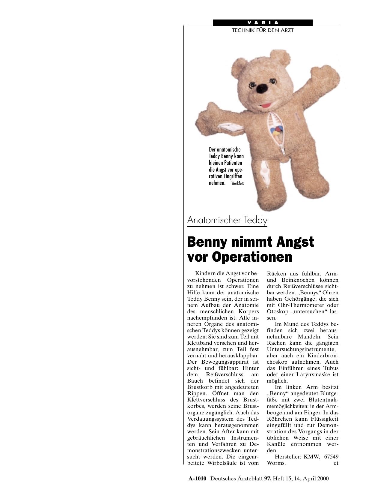 Vorschauseite 1: Anatomischer Teddy: Benny nimmt Angst vor Operationen