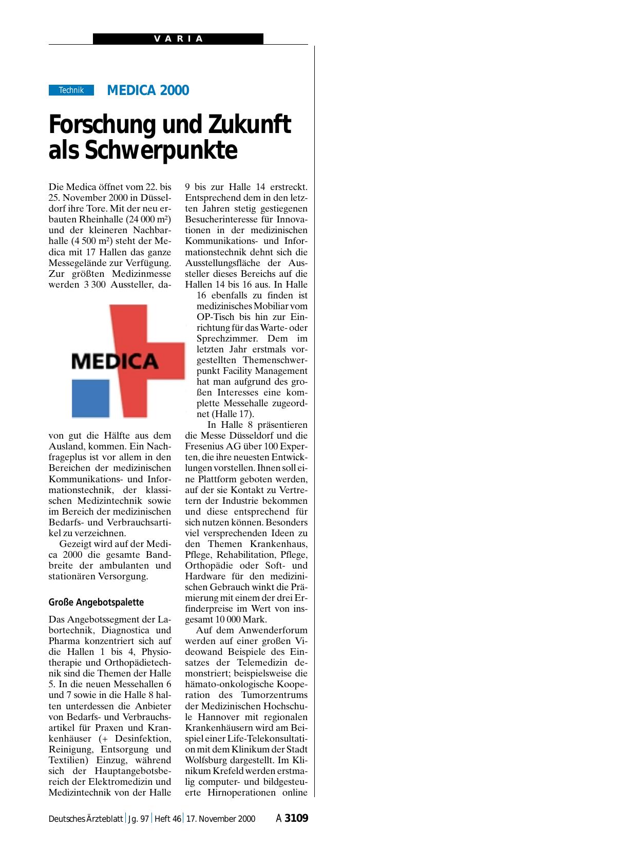 Vorschauseite 1: MEDICA 2000: Forschung und Zukunft als Schwerpunkte