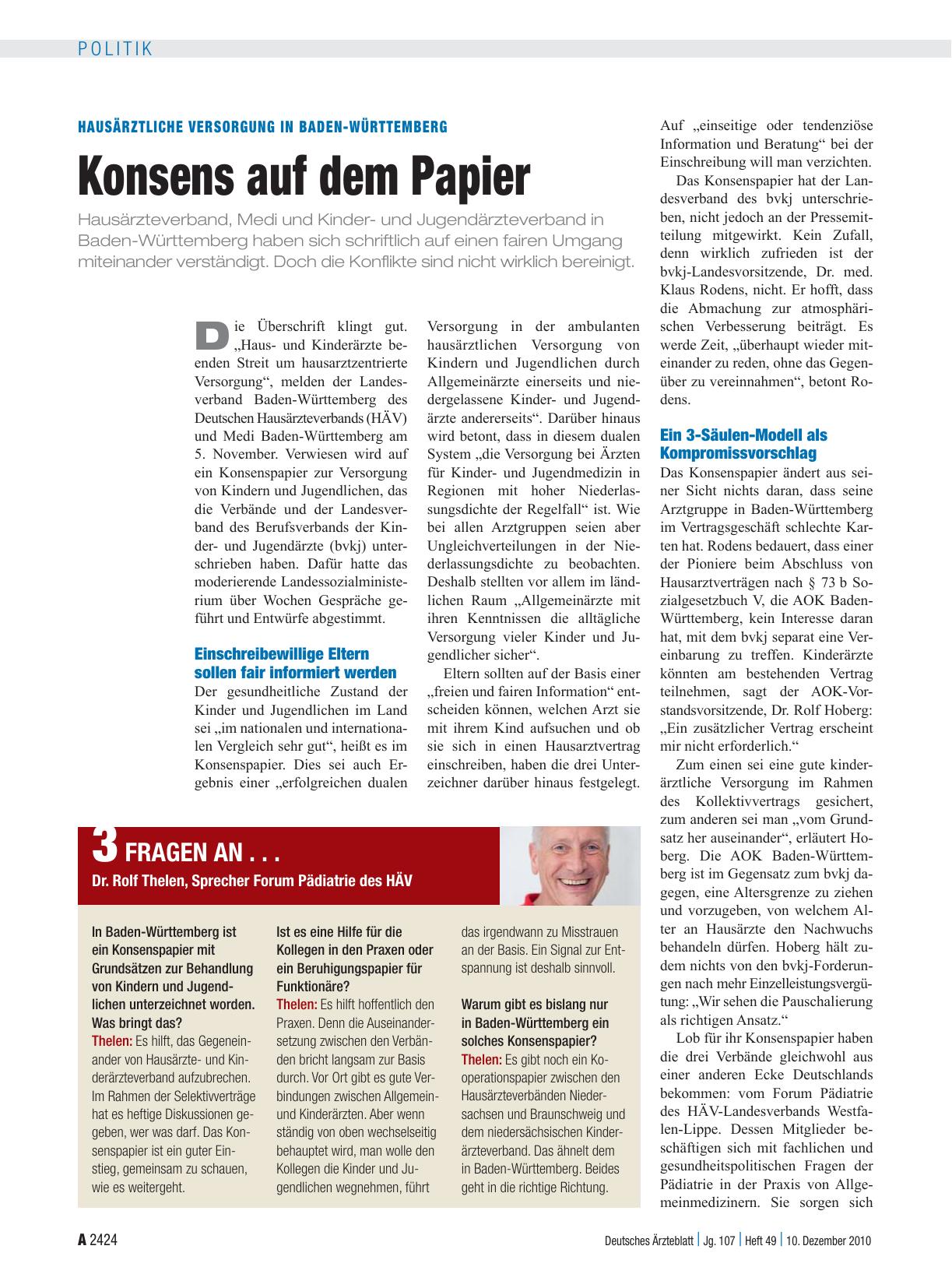 Vorschauseite 1: Hausärztliche Versorgung in Baden-Württemberg: Konsens auf dem Papier