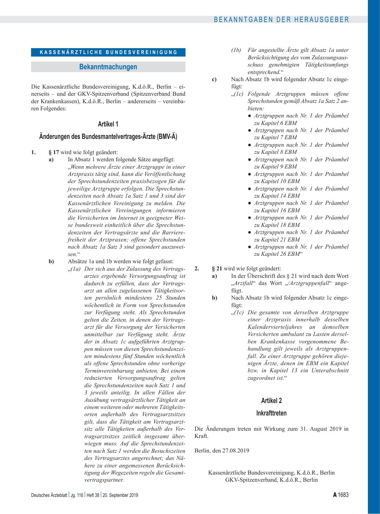 Vorschauseite 1: Artikel 1, Änderungen des Bundesmantelvertrages-Ärzte (BMV-Ä), Artikel 2, Inkrafttreten