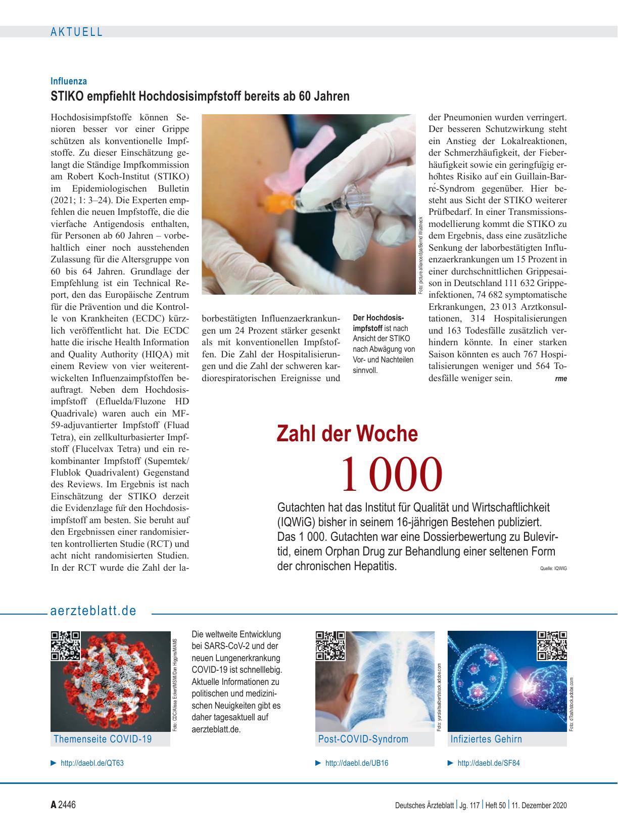 Vorschauseite 1: Influenza: STIKO empfiehlt Hochdosisimpfstoff bereits ab 60 Jahren