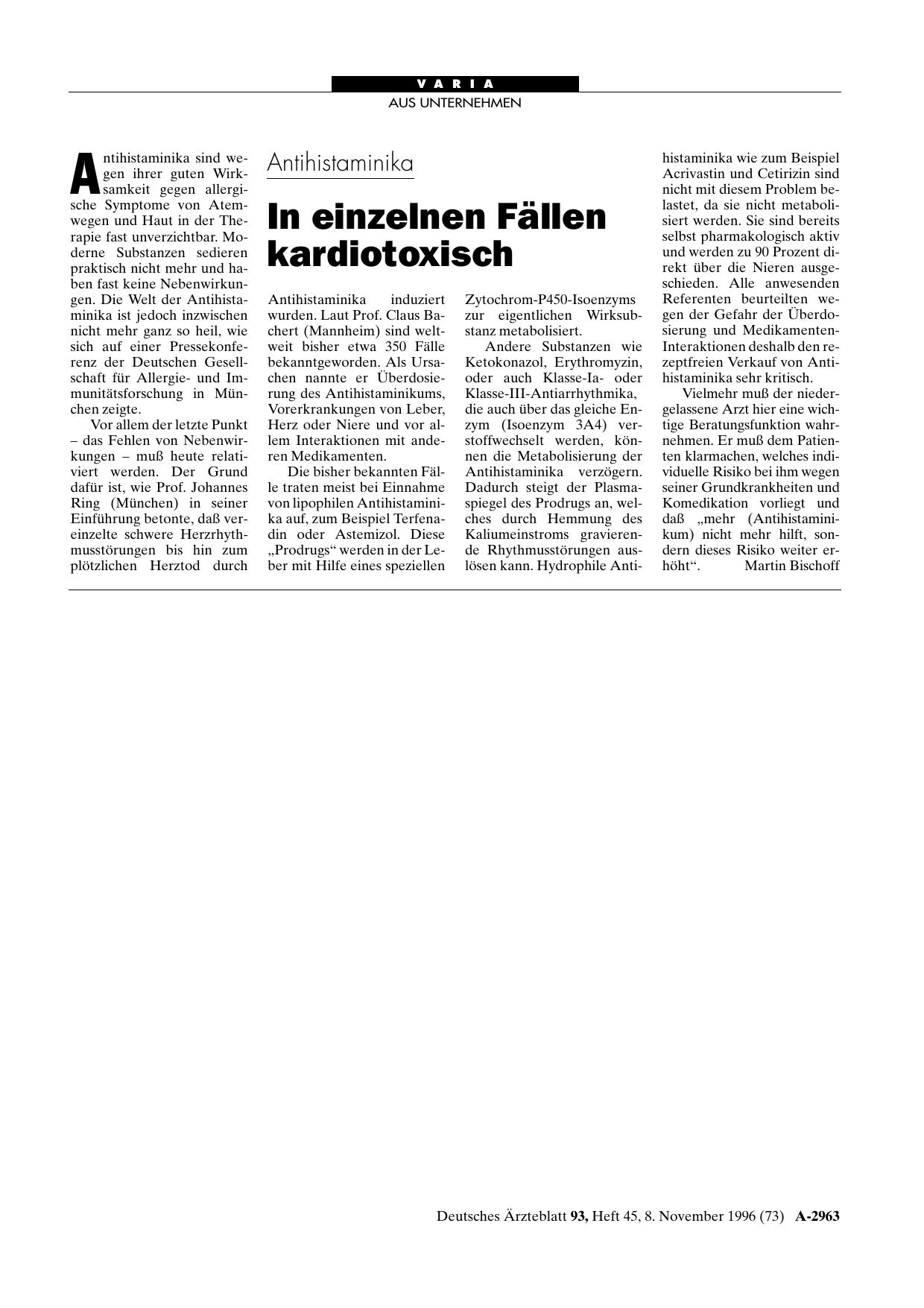 Vorschauseite 1: Antihistaminika: In einzelnen Fällen kardiotoxisch