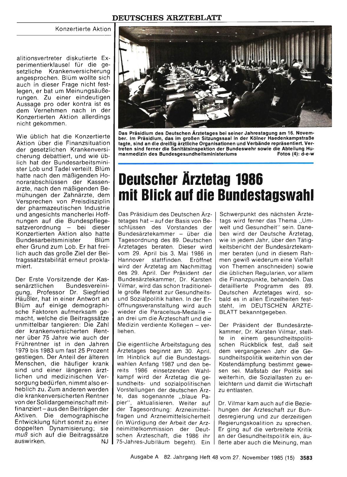 Vorschauseite 1: Deutscher Ärztetag 1986 mit Blick auf die Bundestagswahl