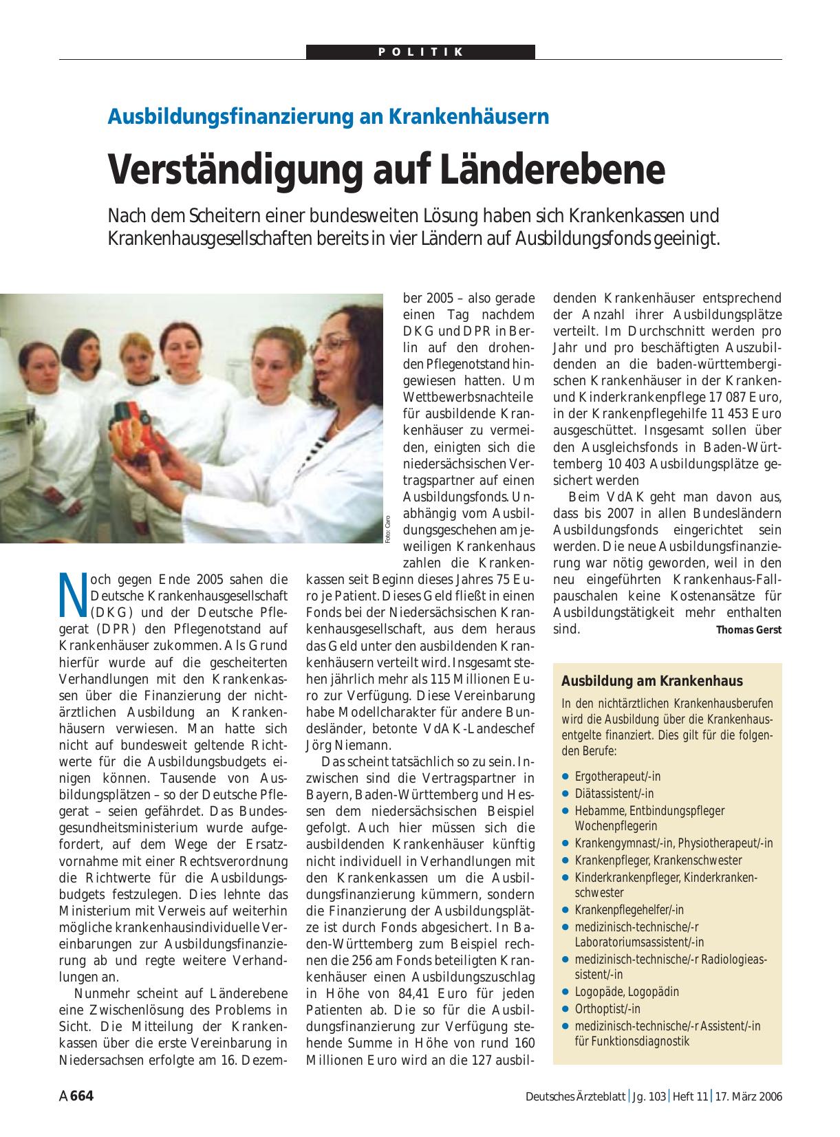 Vorschauseite 1: Ausbildungsfinanzierung an Krankenhäusern: Verständigung auf Länderebene
