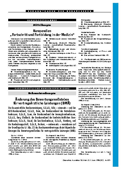 Vorschauseite 1: Bekanntmachungen: Änderung des Bewertungsmaßstabes für vertragsärztliche Leistungen (BMÄ)
