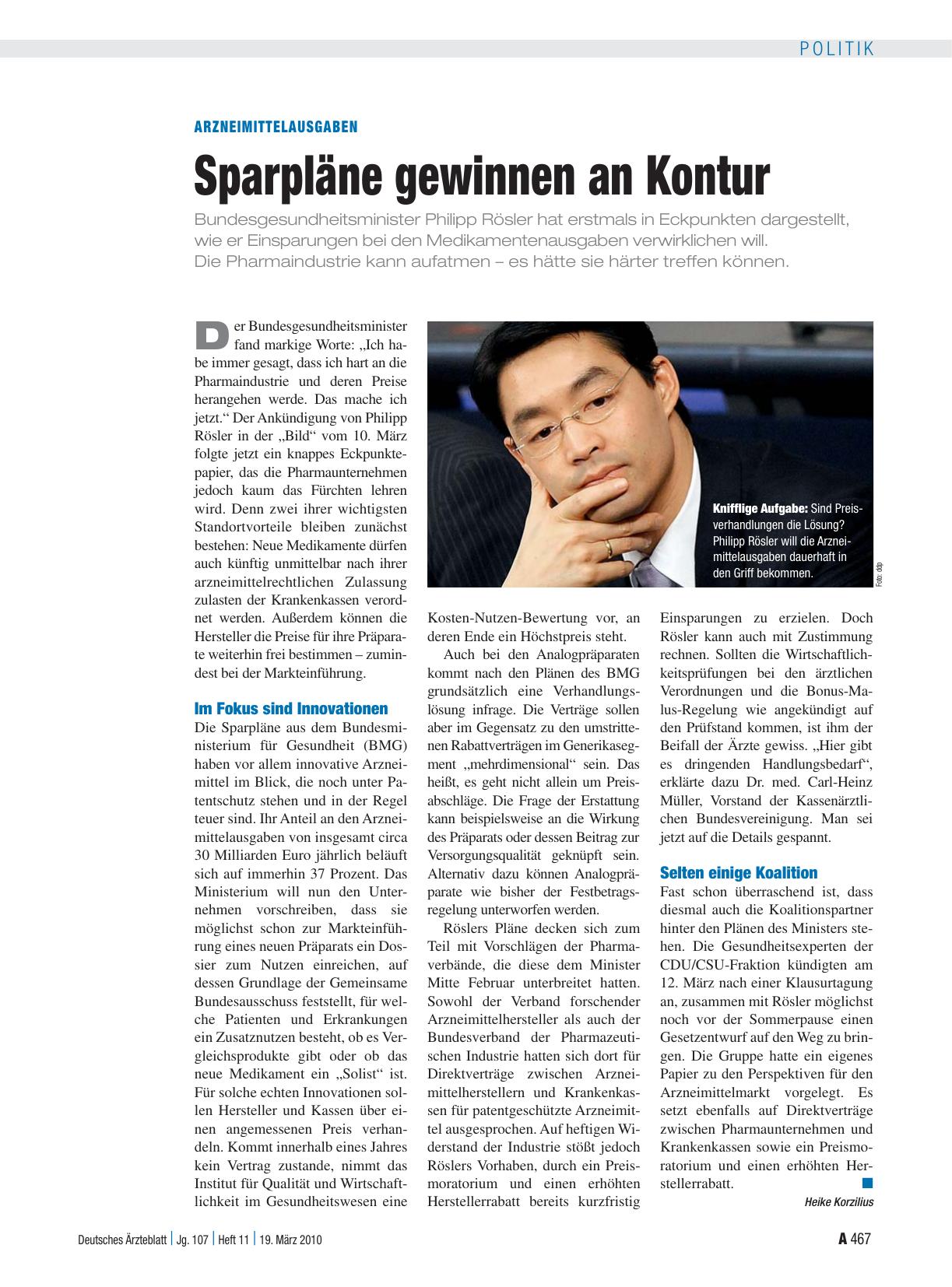 Vorschauseite 1: Arzneimittelausgaben: Sparpläne gewinnen an Kontur