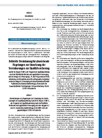 Vorschauseite 1: Befristete Vereinbarung für abweichende Regelungen zur Umsetzung der Vereinbarungen zur Qualitätssicherung