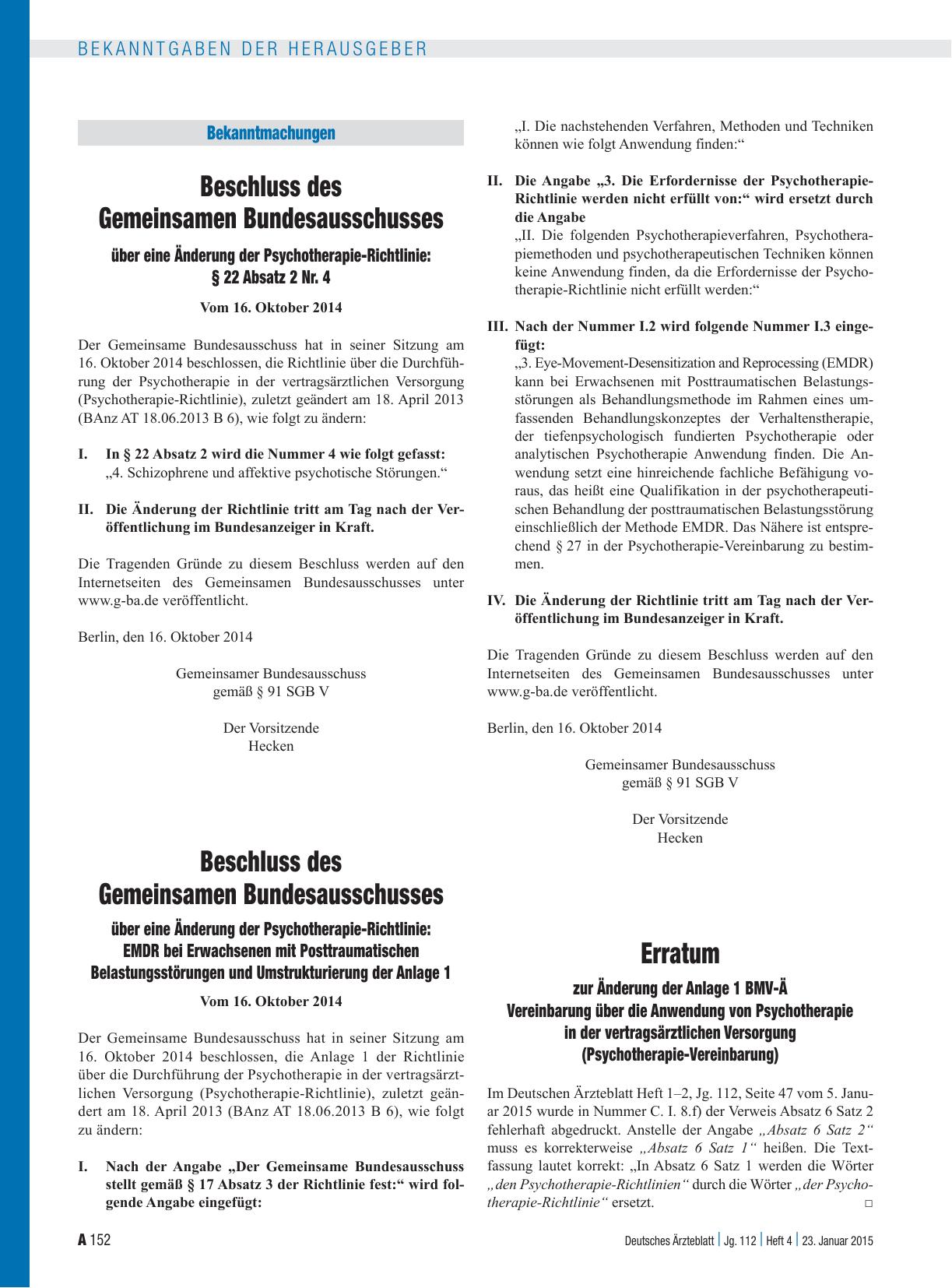Vorschauseite 1: Erratum zur Änderung der Anlage 1 BMV-Ä Vereinbarung über die Anwendung von Psychotherapie in der vertragsärztlichen Versorgung (Psychotherapie-Vereinbarung)