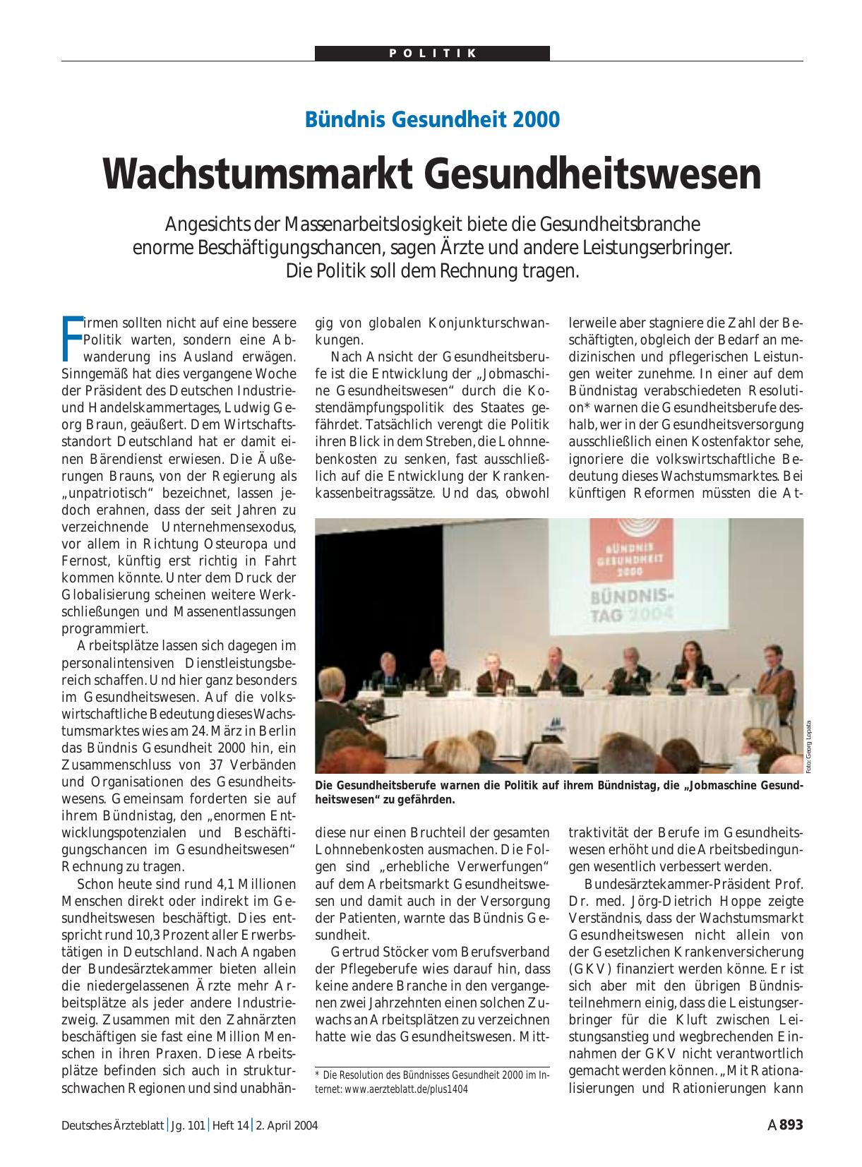 Vorschauseite 1: Bündnis Gesundheit 2000: Wachstumsmarkt Gesundheitswesen