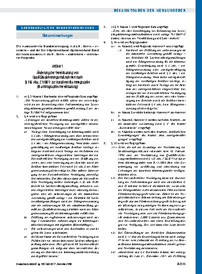 Vorschauseite 1: Artikel 1 – Änderung der Vereinbarung von Qualitätssicherungsmaßnahmen nach § 135 Abs. 2 SGB V zur kurativen Mammographie (Mammographie-Vereinbarung), Artikel 2, Inkrafttreten
