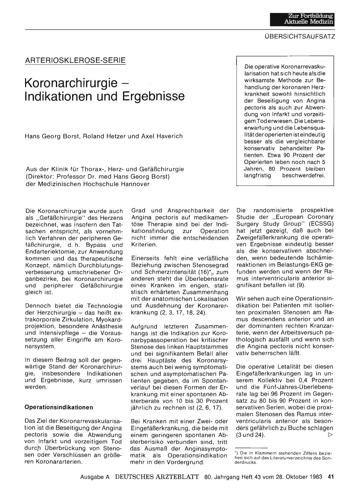 Vorschauseite 1: ARTERIOSKLEROSE-SERIE: Koronarchirurgie — Indikationen und Ergebnisse