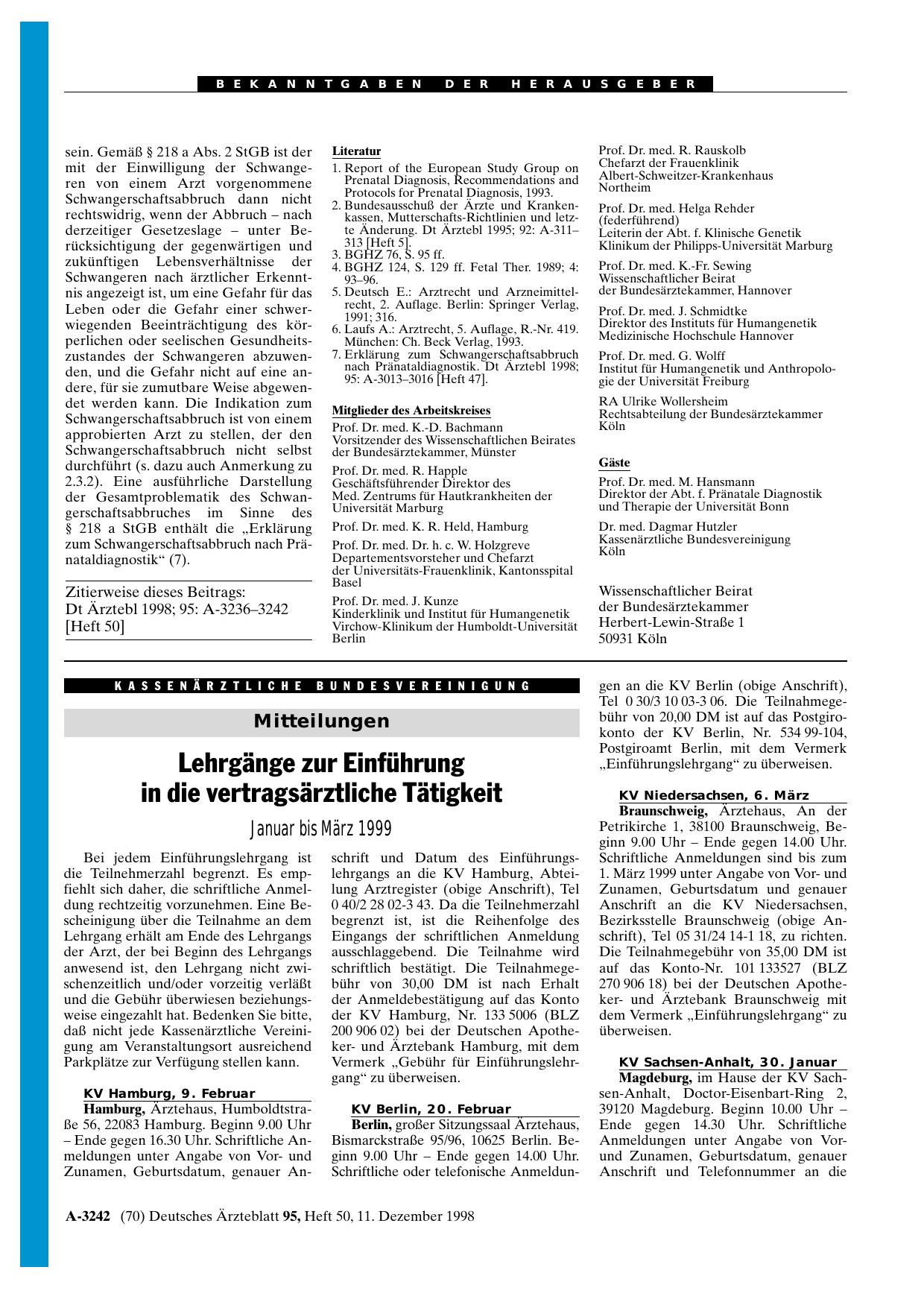 Vorschauseite 1: Lehrgänge zur Einführung in die vertragsärztliche Tätigkeit Januar bis März 1999