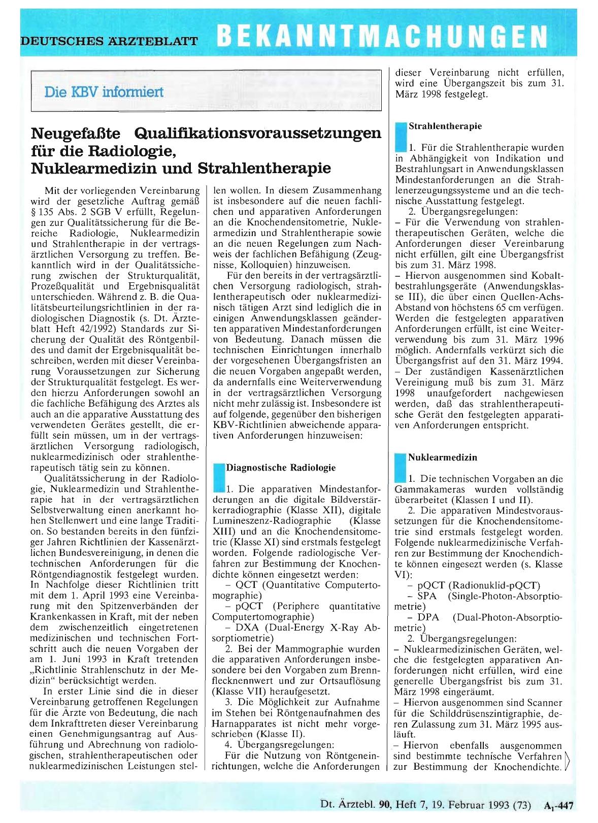 Vorschauseite 1: Die KBV informiert: Neugefaßte Qualifikationsvoraussetzungen für die Radiologie, Nuklearmedizin und Strahlentherapie