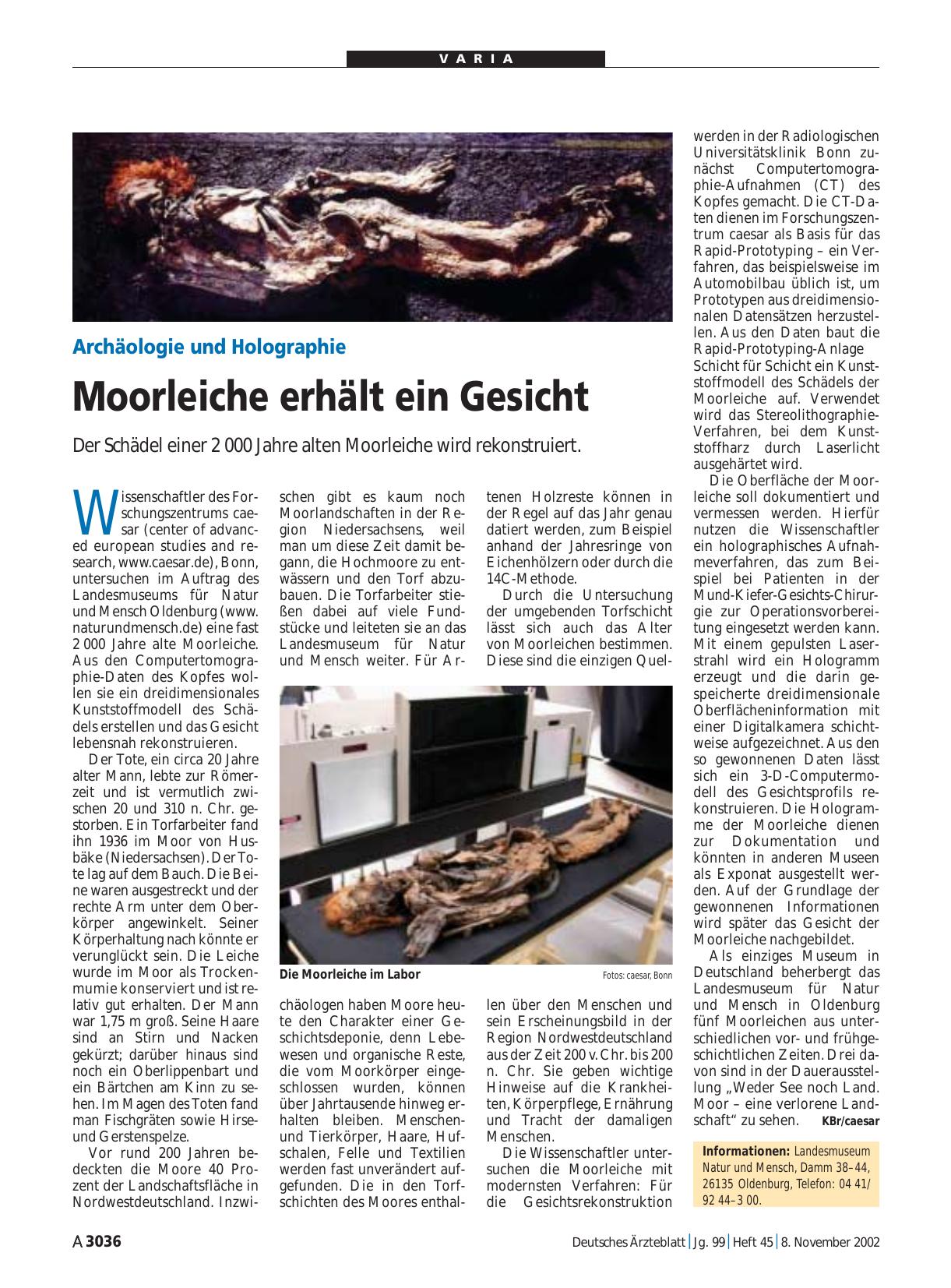 Vorschauseite 1: Archäologie und Holographie: Moorleiche erhält ein Gesicht