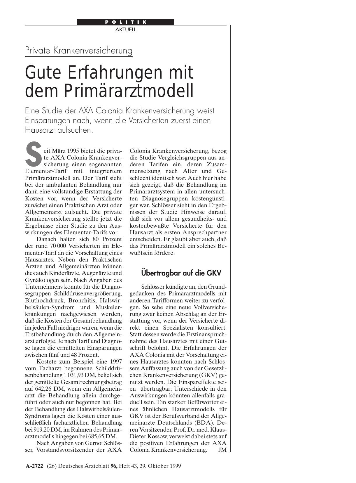 Vorschauseite 1: Private Krankenversicherung: Gute Erfahrungen mit dem Primärarztmodell