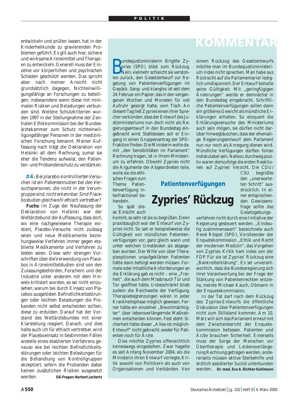 Vorschauseite 1: Patientenverfügungen: Zypries’ Rückzug