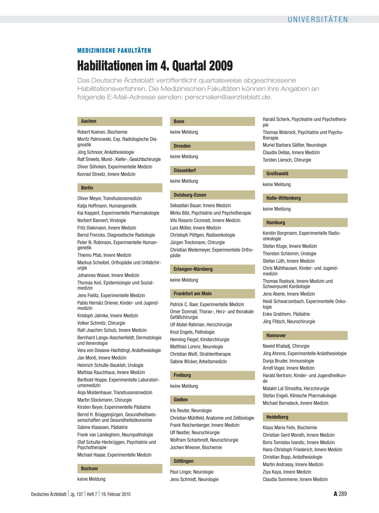 Vorschauseite 1: Medizinische Fakultäten: Habilitationen im 4. Quartal 2009