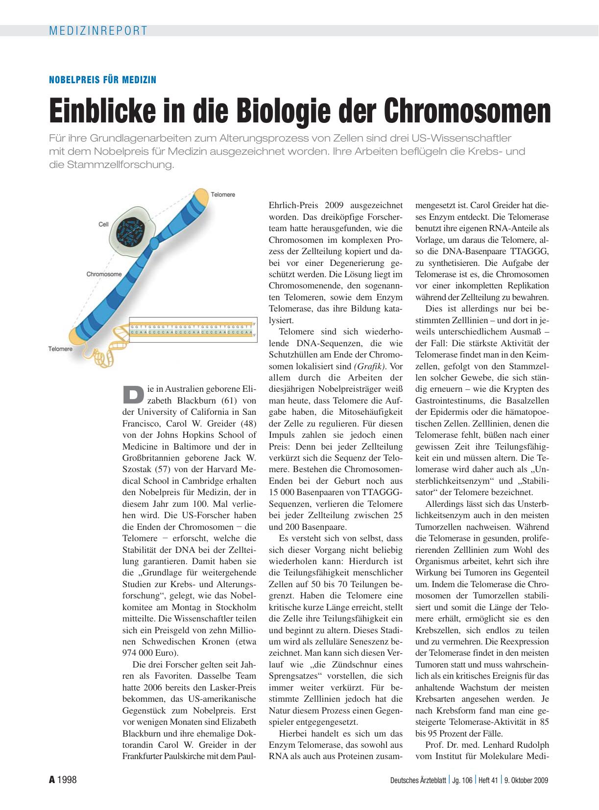 Vorschauseite 1: Nobelpreis für Medizin: Einblicke in die Biologie der Chromosomen