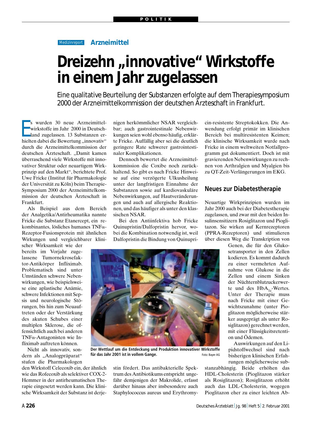 Vorschauseite 1: Arzneimittel: Dreizehn „innovative“ Wirkstoffe in einem Jahr zugelassen