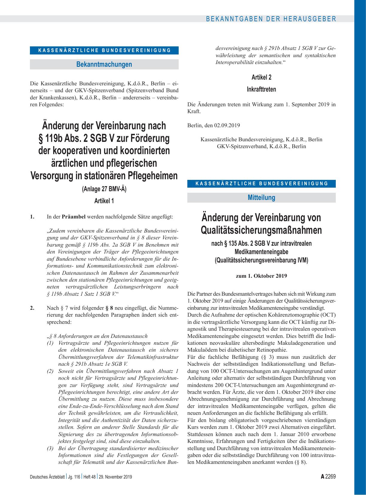 Vorschauseite 1: Änderung der Vereinbarung nach § 119b Abs. 2 SGB V zur Förderung der kooperativen und koordinierten ärztlichen und pflegerischen Versorgung in stationären Pflegeheimen (Anlage 27…